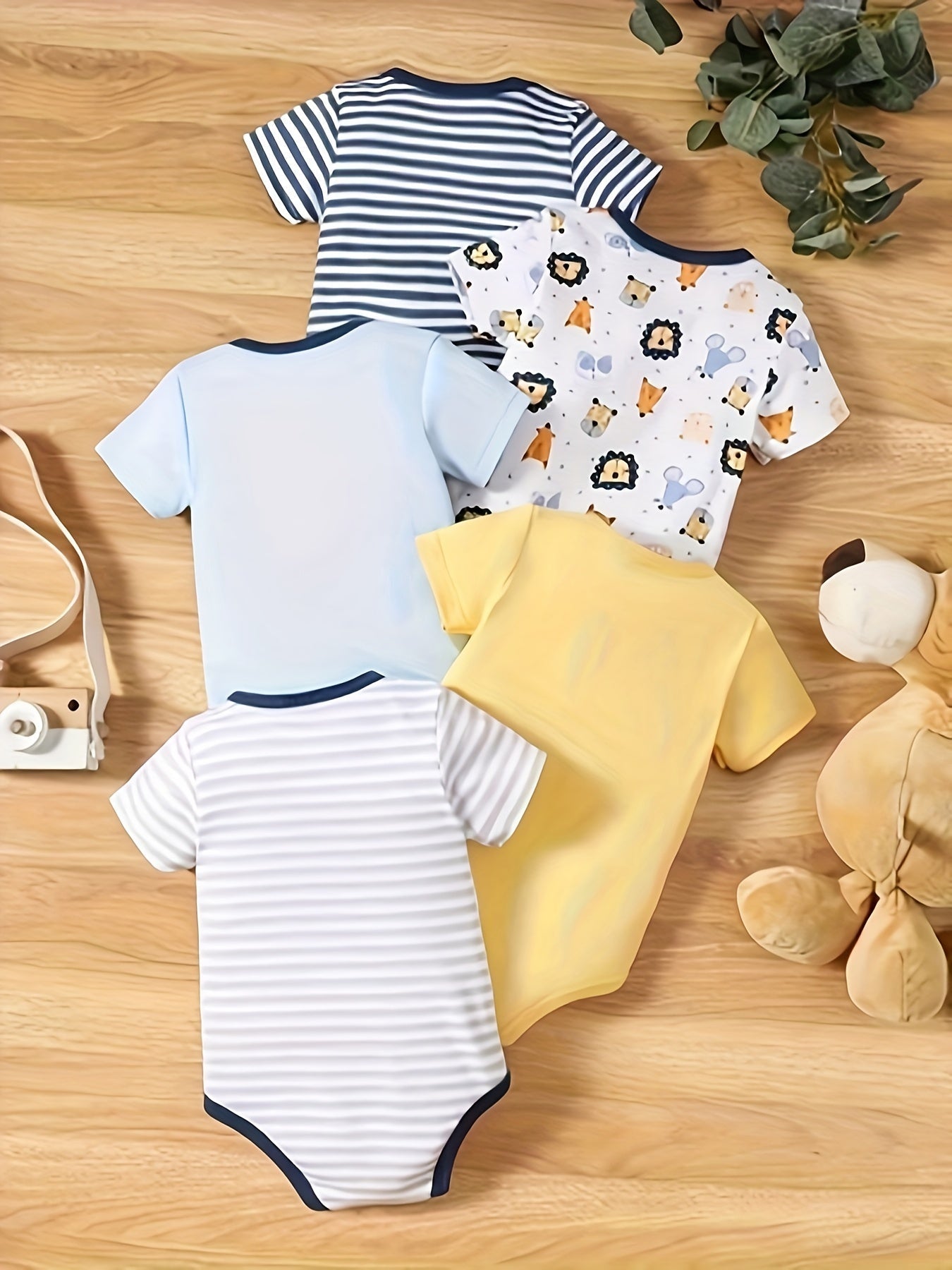 Kit BabyZoo 5 Macacões Manga Curta para Bebê Menino – Estampa Leão & Listras, 100 % Algodão