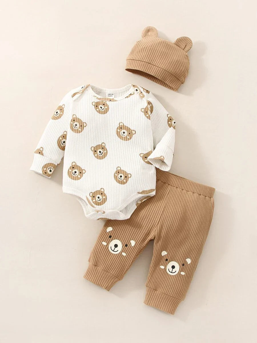 Conjunto 3 Peças Macacão Masculino Estampa Cartoon + Calça & Chapéu Casual | Baby Zoo