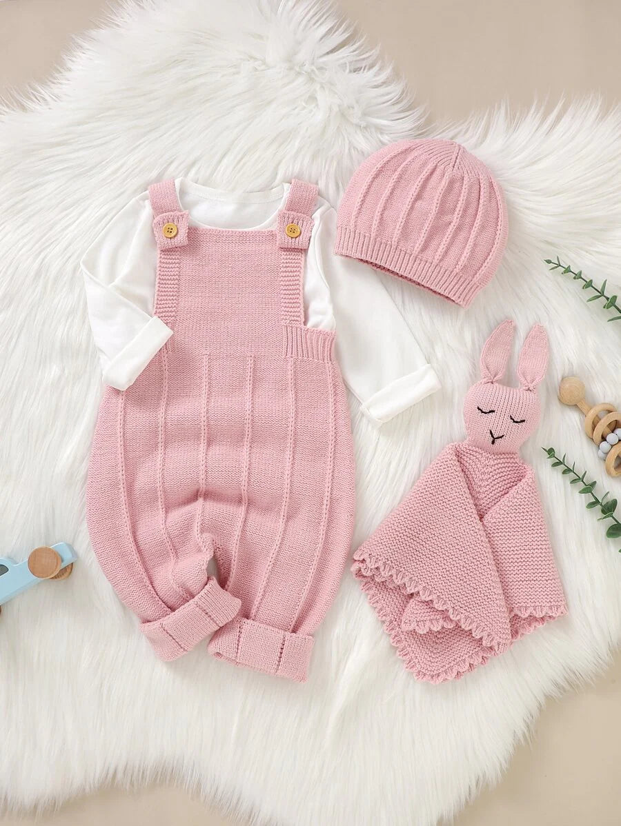 Conjunto 3 Peças Macacão Feminino Tricotado com Trançado nas Costas + Chapéu & Toalha Calmante de Coelho | Baby Zoo
