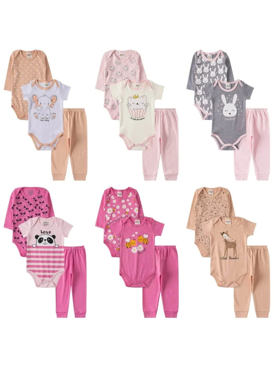Kit 18 Peças Bebê Menina – Body Manga Curta, Longa e Mijão 100% Algodão