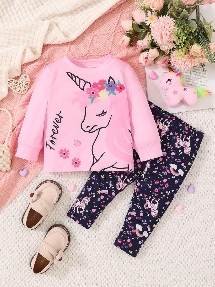 Conjunto 2 Peças Feminino Camiseta & Leggings Estampa Unicórnio & Flores – Casual Confortável | Baby Zoo