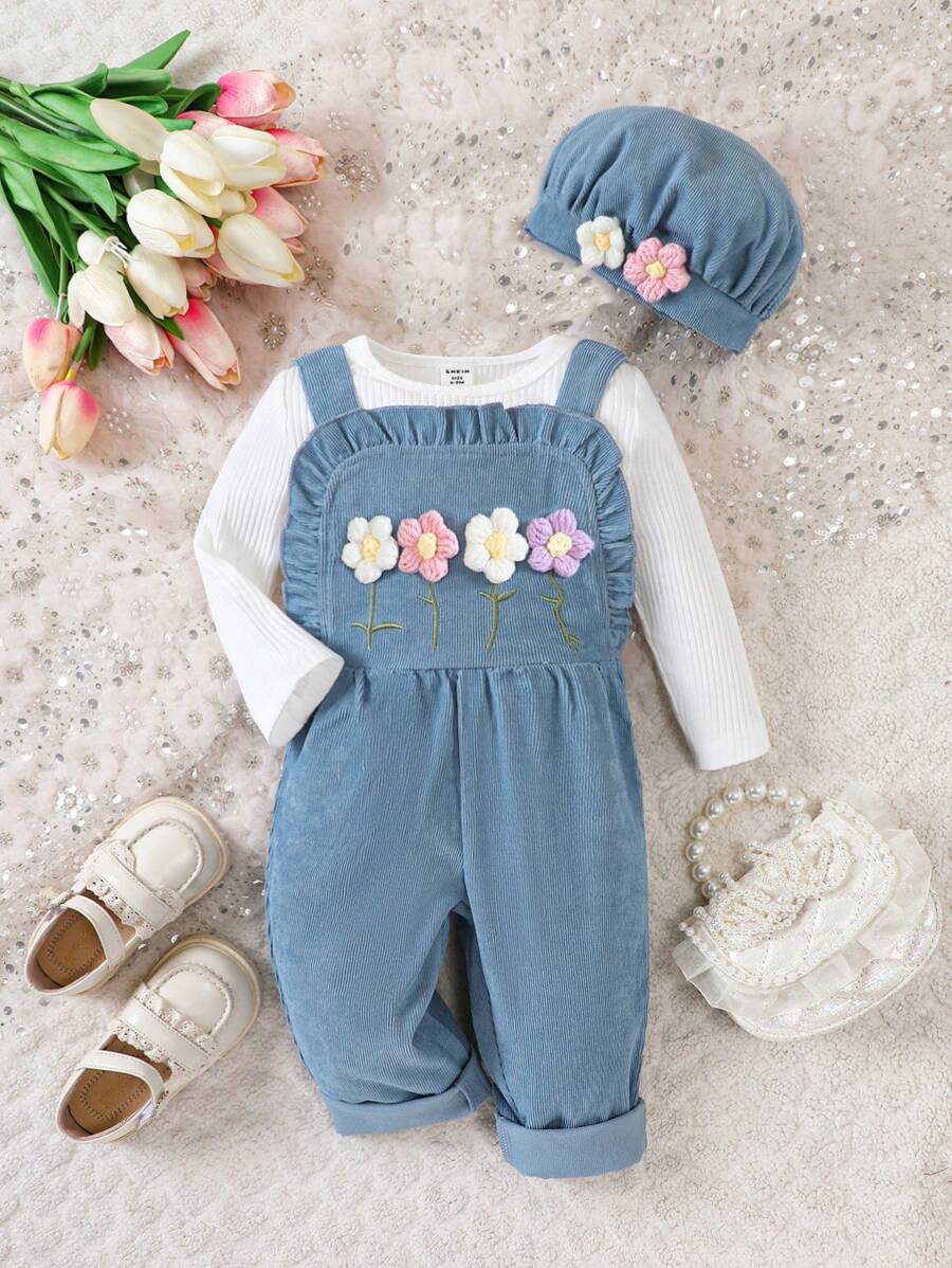 Conjunto 2 Peças Macacão Feminino de Veludo Cotelê com Capuz & Bordado Floral | Baby Zoo