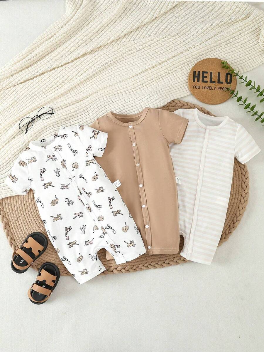 Conjunto 3 Peças Macacões Unissex Casual Estampado – Primavera/Verão | Baby Zoo