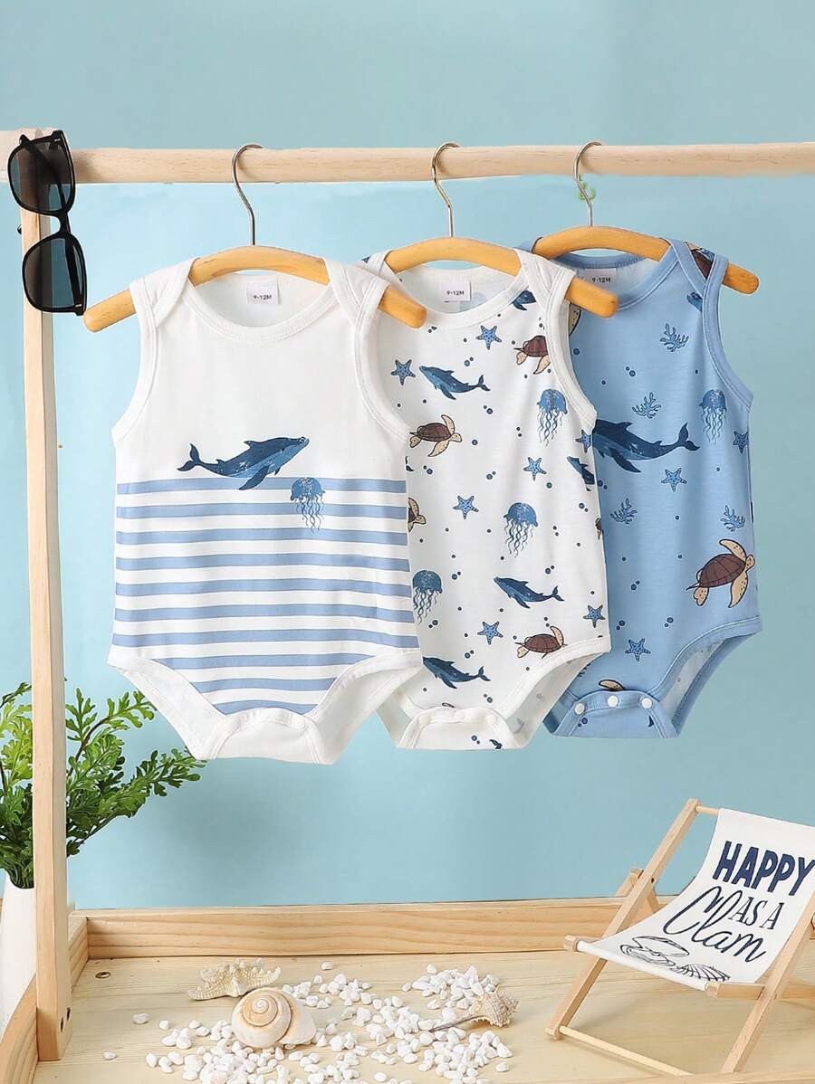 Conjunto 3 Peças Macacões Masculinos Sem Manga Estampa Animais do Oceano – Verão | Baby Zoo