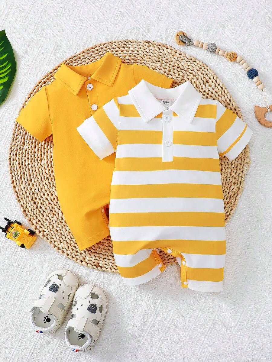 Conjunto 2 Peças Macacão Masculino Manga Curta com Gola Casual – Cores Sólidas & Listras | Baby Zoo