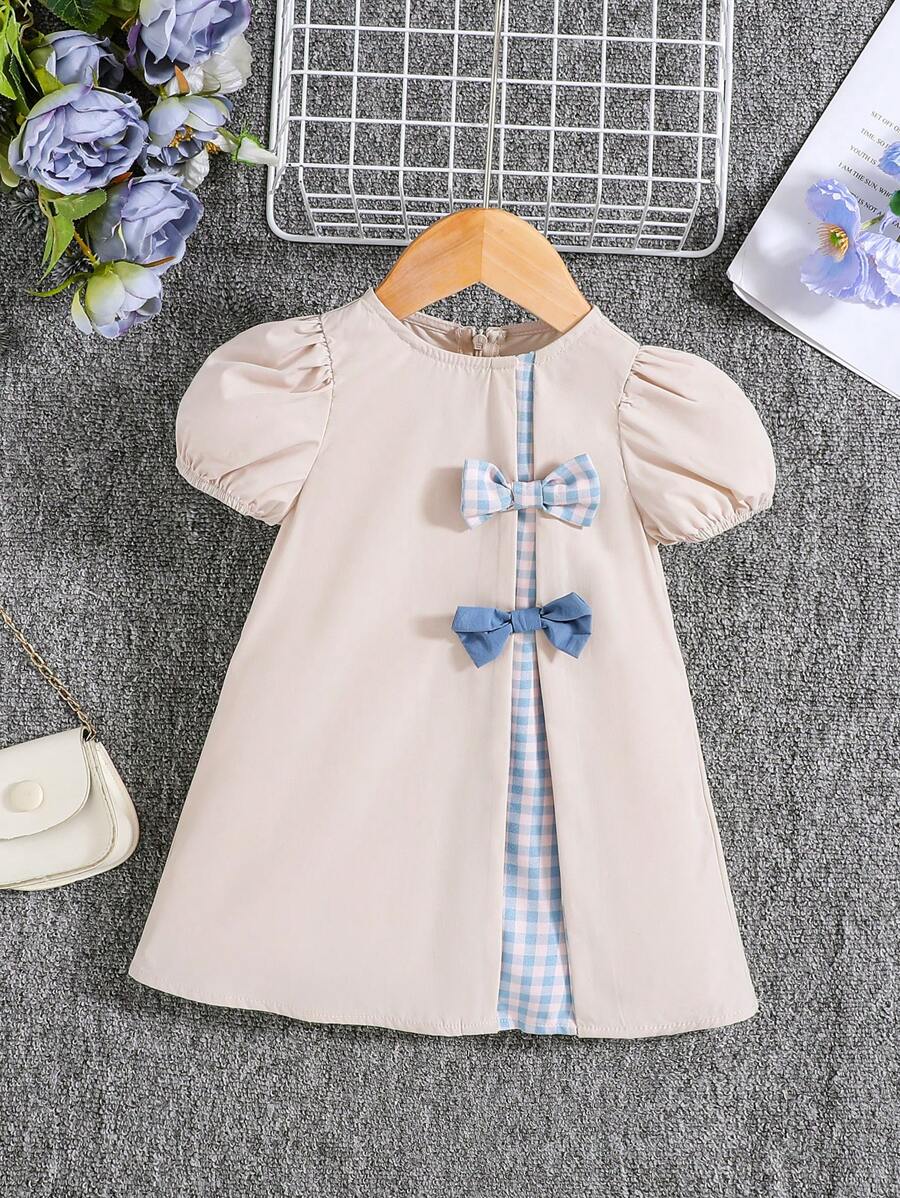 Vestido Feminino Baby Zoo Xadrez Colorblock com Laço – Manga Curta & Gola Redonda (Verão/Natal)
