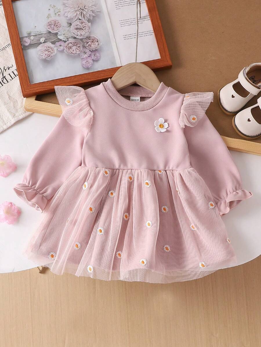 Vestido Casual de Tule Rosa-Roxo com Bordado de Margarida – Outono | Baby Zoo