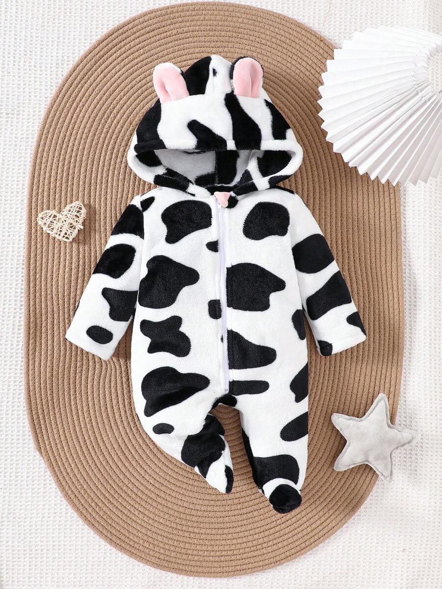 Macacão Unissex Loungewear Recém-Nascido Estampa de Vaca com Capuz & Manga Longa | Baby Zoo