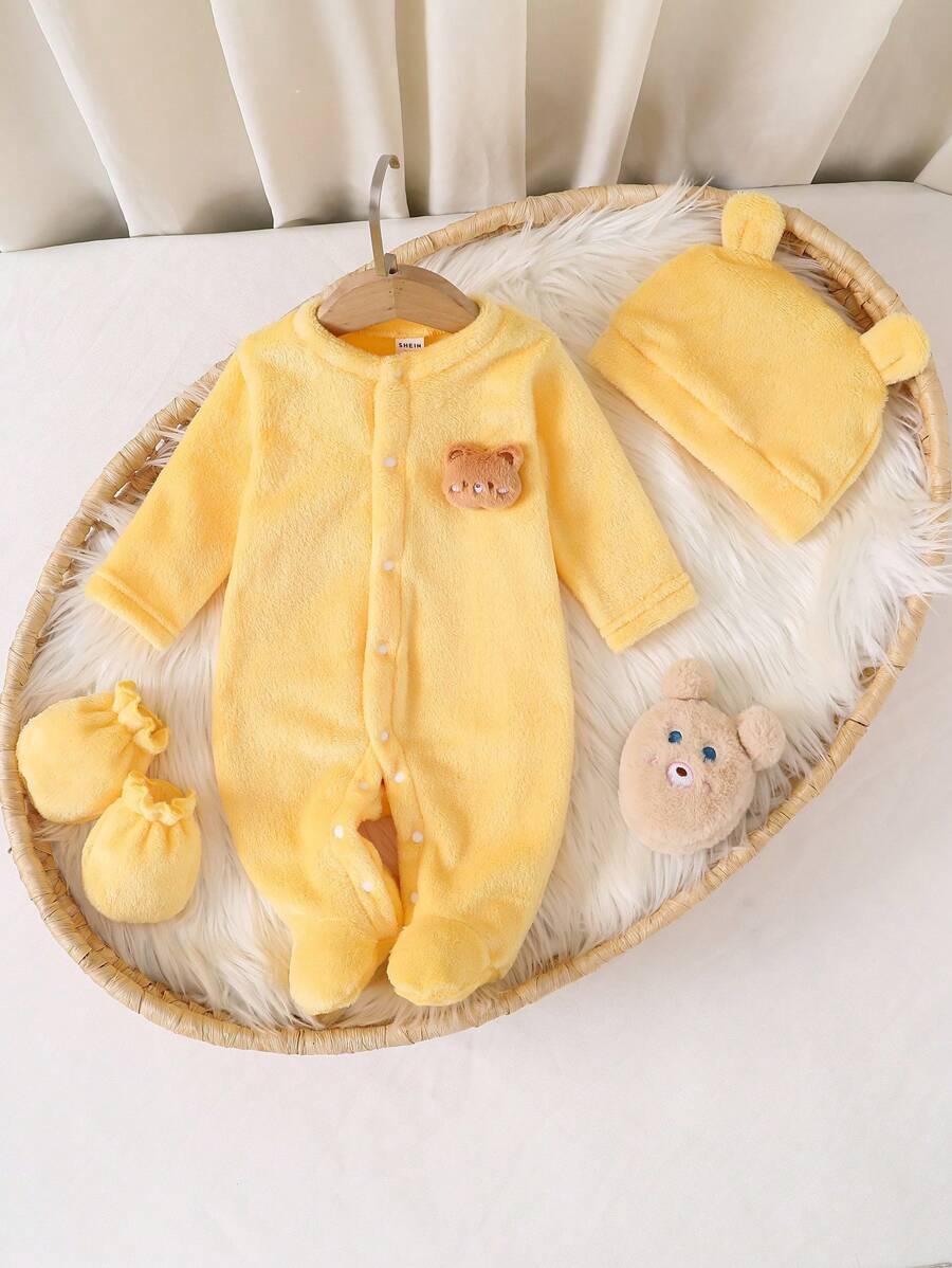 Conjunto 3 Peças Macacão Unissex Amarelo Manga Longa com Chapéu & Luvas – Homewear Recém-Nascido | Baby Zoo