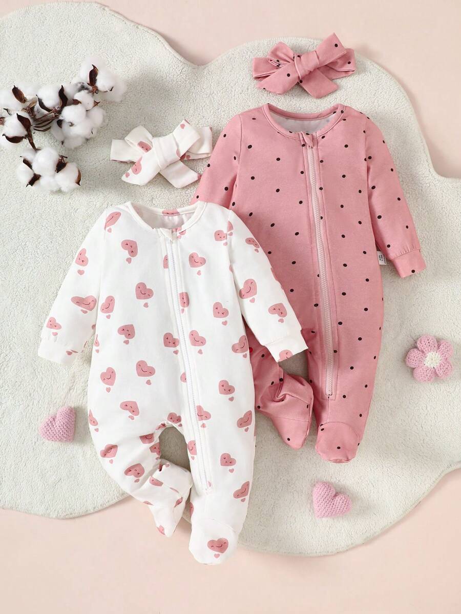 Conjunto 4 Peças Macacão Feminino Manga Longa Zíper Frontal Estampas Coração & Bolinhas + Pijama Macio & Tiara | Baby Zoo