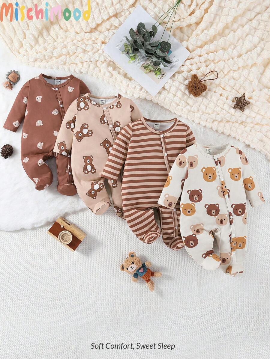 Conjunto 4 Peças Macacões Masculinos de Dormir com Pé Estampa Urso Fofo – Saída Maternidade | Baby Zoo