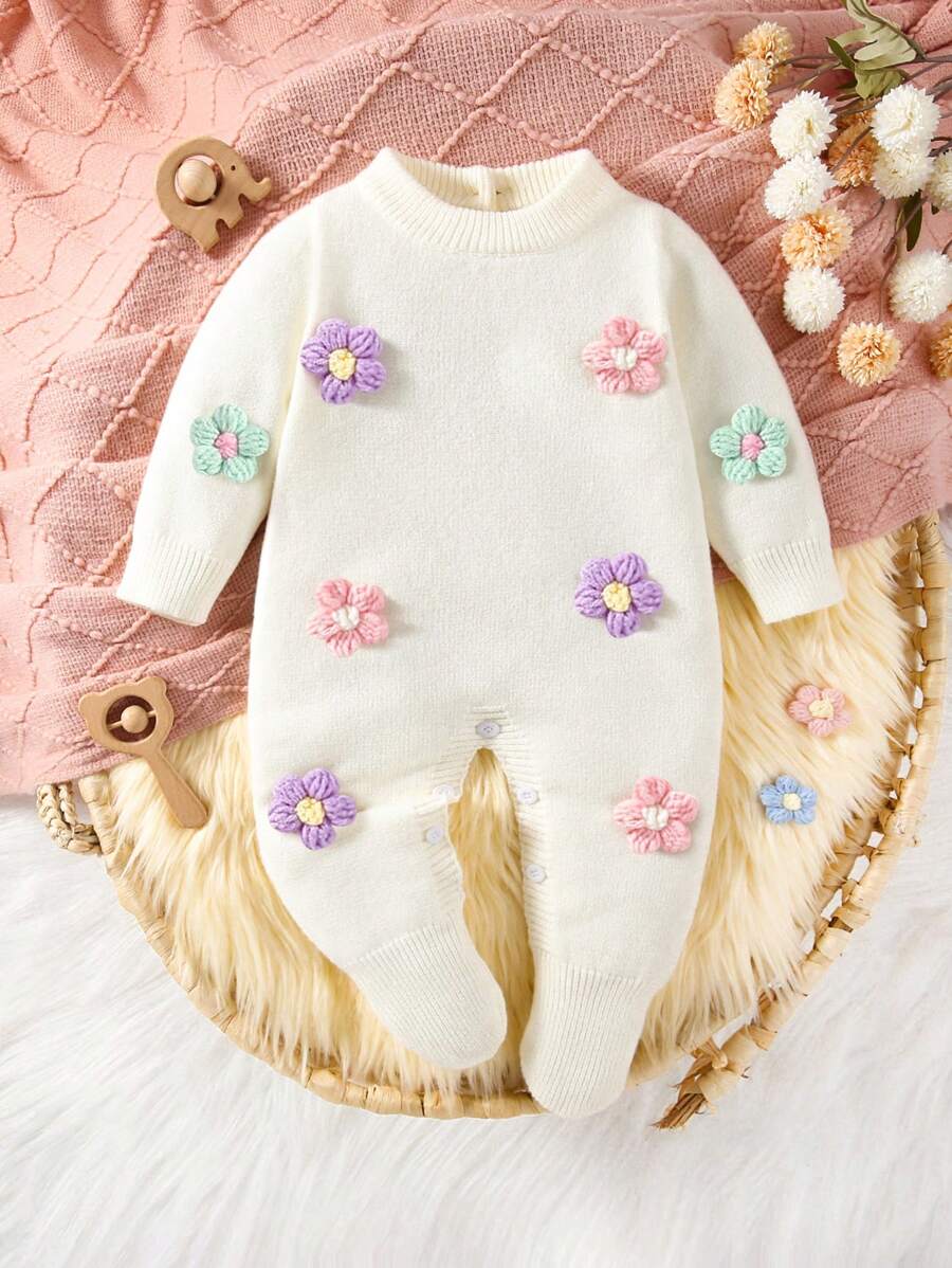 Macacão Feminino Tricotado Crochê Damasco com Pés & Gola Redonda – Outono/Inverno | Baby Zoo