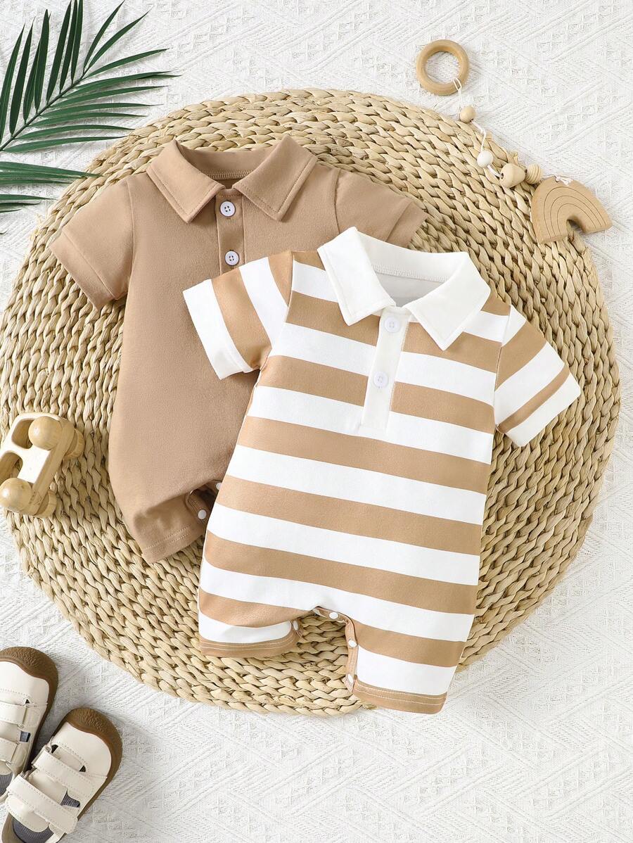 Conjunto 2 Peças Macacão Masculino Manga Curta com Gola Casual – Cores Sólidas & Listras | Baby Zoo