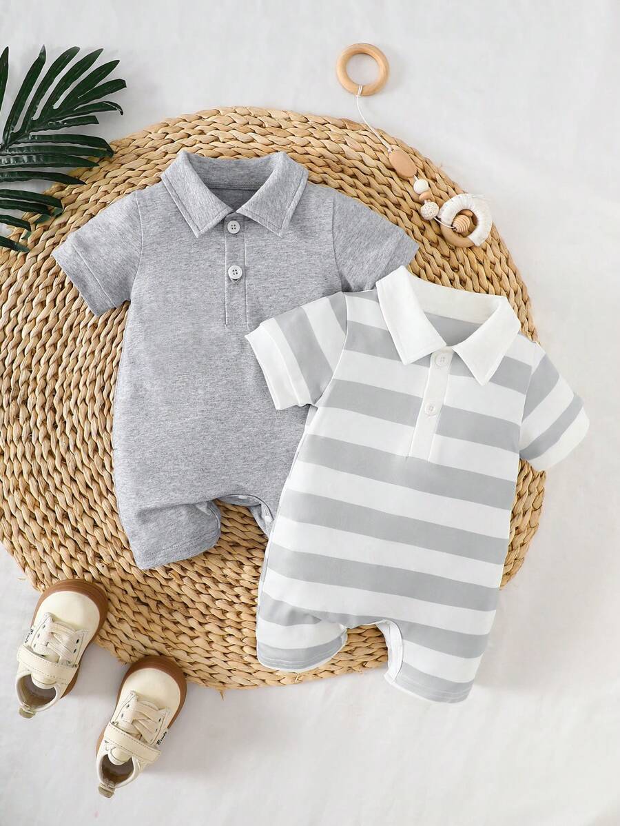 Conjunto 2 Peças Macacão Masculino Manga Curta com Gola Casual – Cores Sólidas & Listras | Baby Zoo