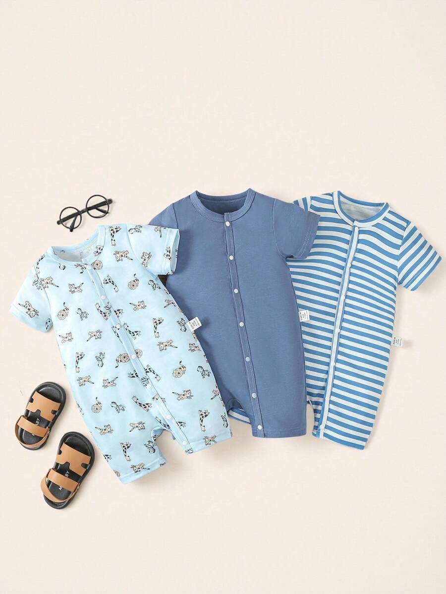 Conjunto 3 Peças Macacões Unissex Casual Estampado – Primavera/Verão | Baby Zoo