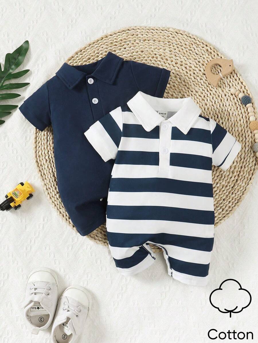 Conjunto 2 Peças Macacão Masculino Manga Curta com Gola Casual – Cores Sólidas & Listras | Baby Zoo