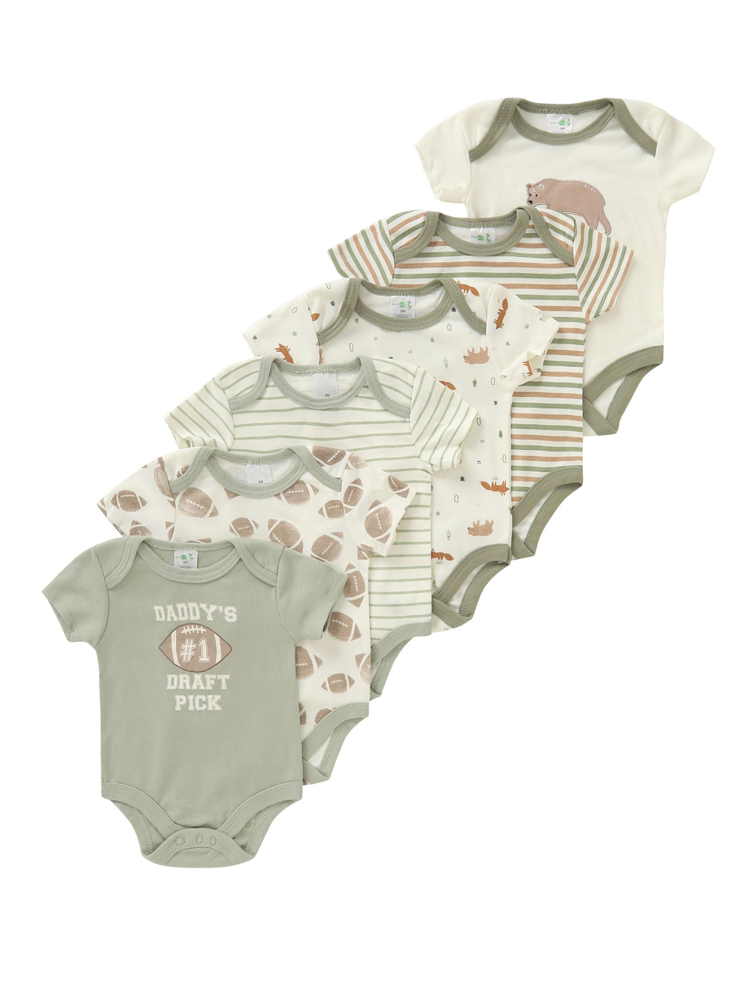 Kit 6 Bodies Newborn – Bordado Ursinho & Estampa “Daddy’s 1st Draft Pick”, Manga Curta, Algodão Confortável