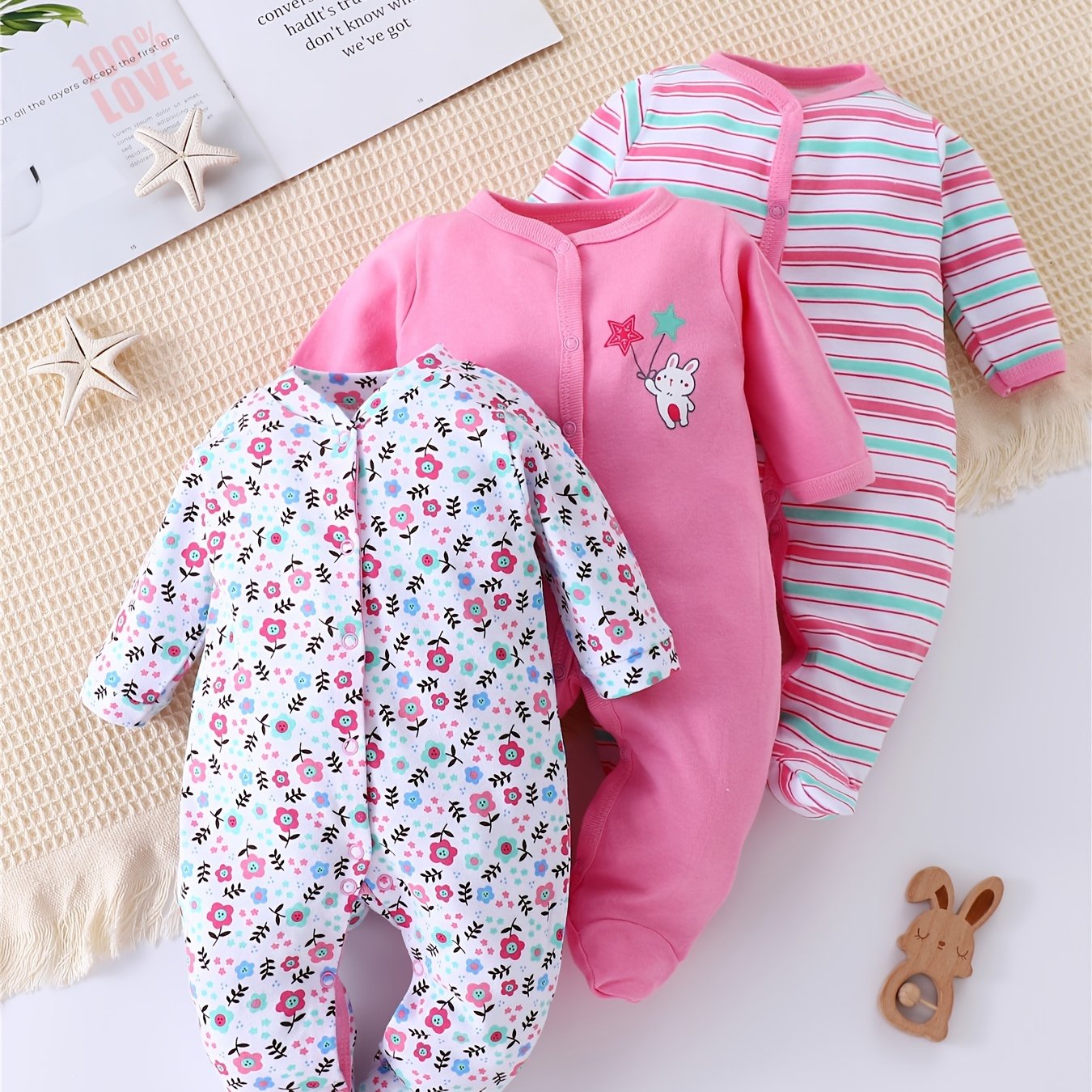 Kit 3 Macacões BabyZoo para Bebê – Manga Longa com Gola Alta, Luvas & Pés Reversíveis, 100 % Algodão | Estampas Coelho, Floral e Listras