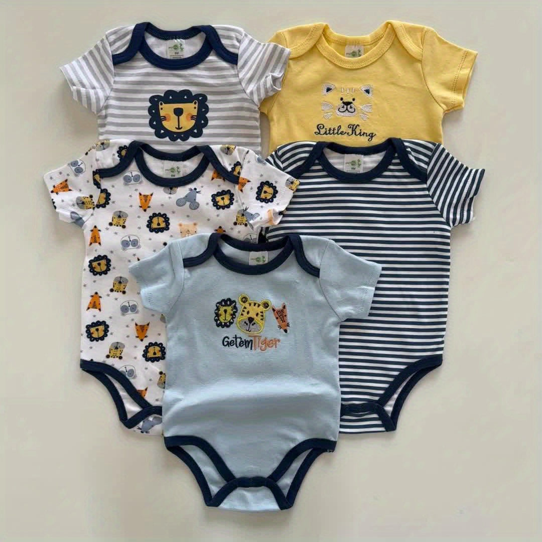Kit BabyZoo 5 Macacões Manga Curta para Bebê Menino – Estampa Leão & Listras, 100 % Algodão
