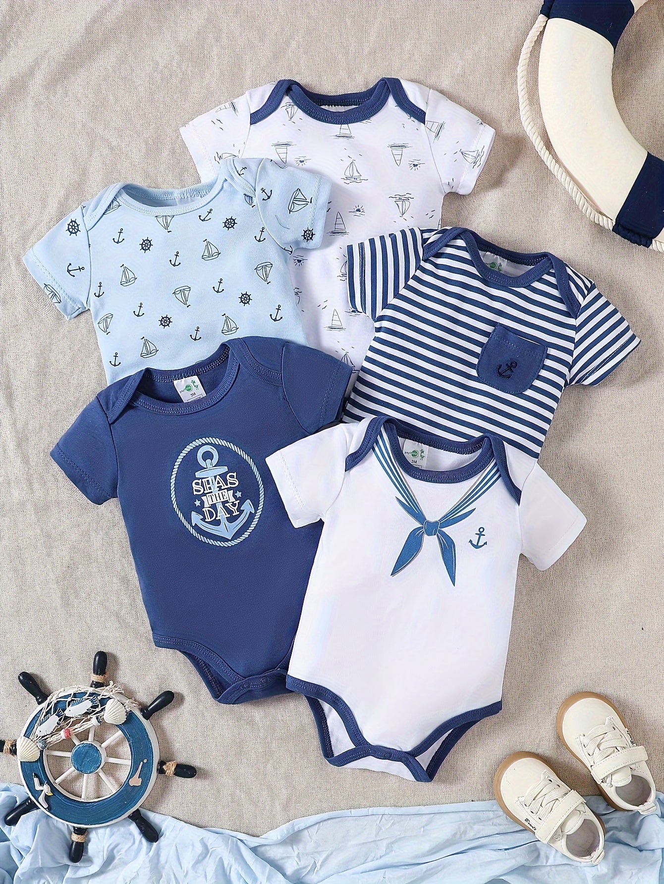 Kit 5 Bodies Estilo Náutico em Algodão para Meninos – Conforto e Charme no Verão