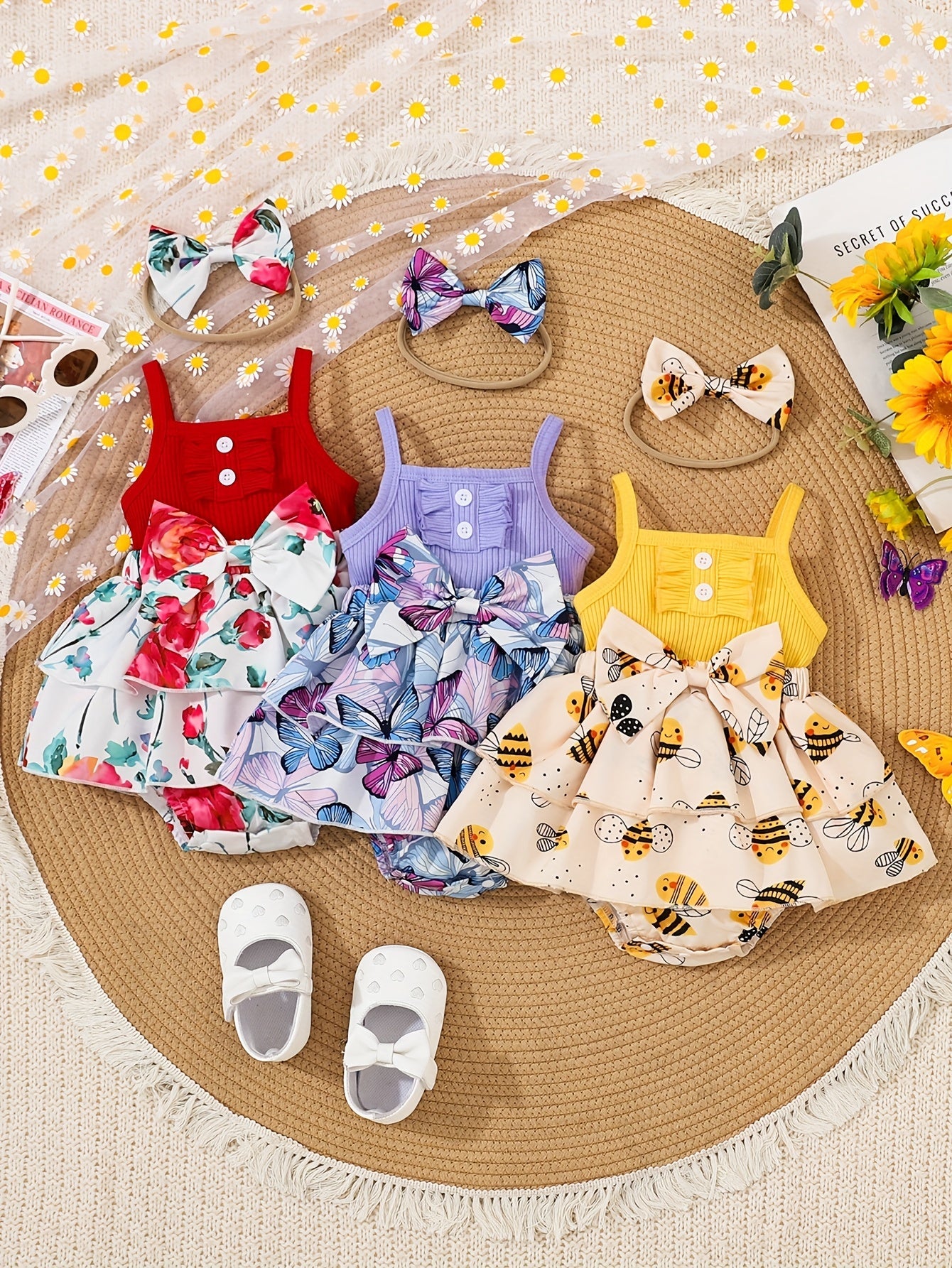 6 Vestidos Verão Bebê e Criança BabyZoo – Estampas Florais & Borboleta | Macacões Sem Manga com Laços – Kit com 6 Peças