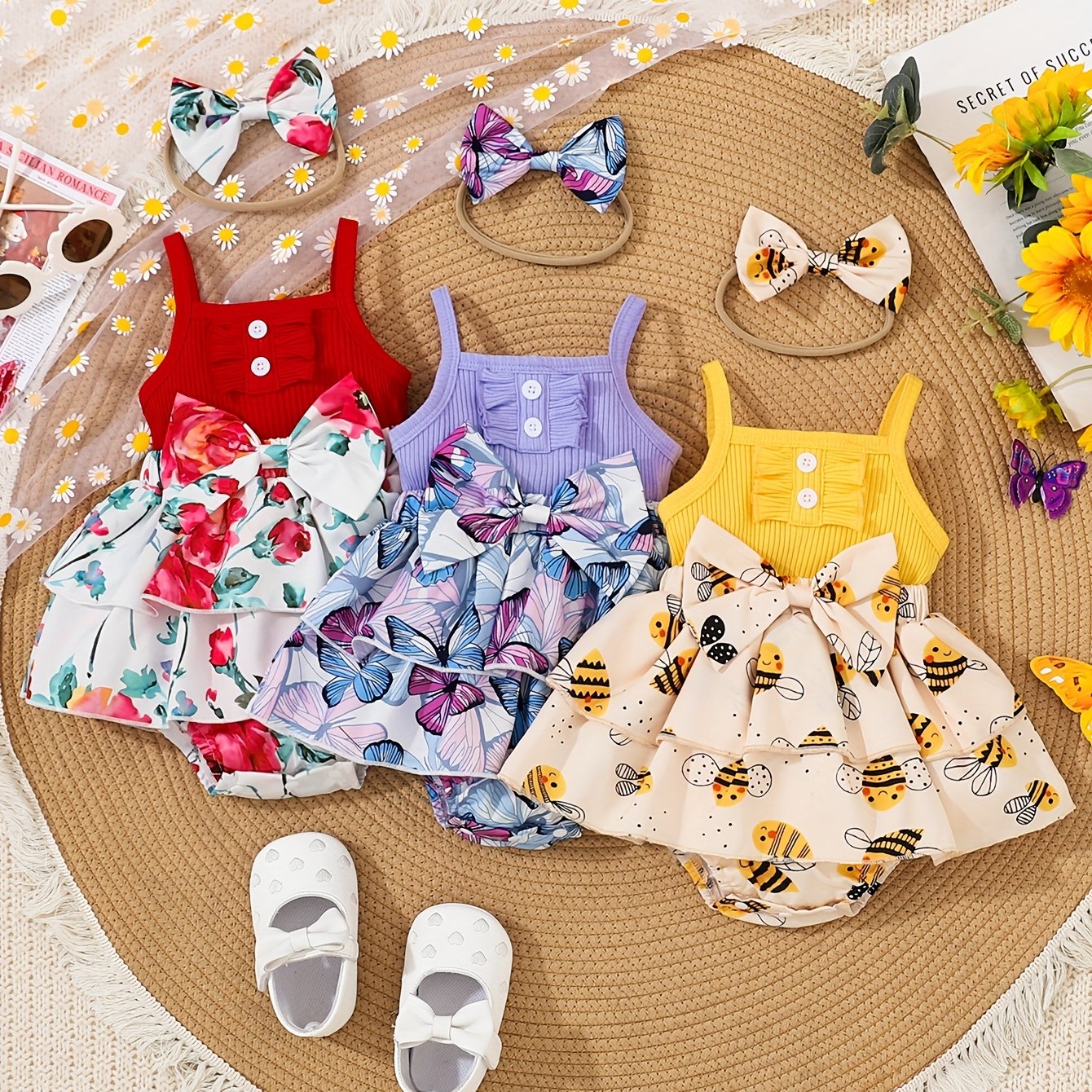 6 Vestidos Verão Bebê e Criança BabyZoo – Estampas Florais & Borboleta | Macacões Sem Manga com Laços – Kit com 6 Peças