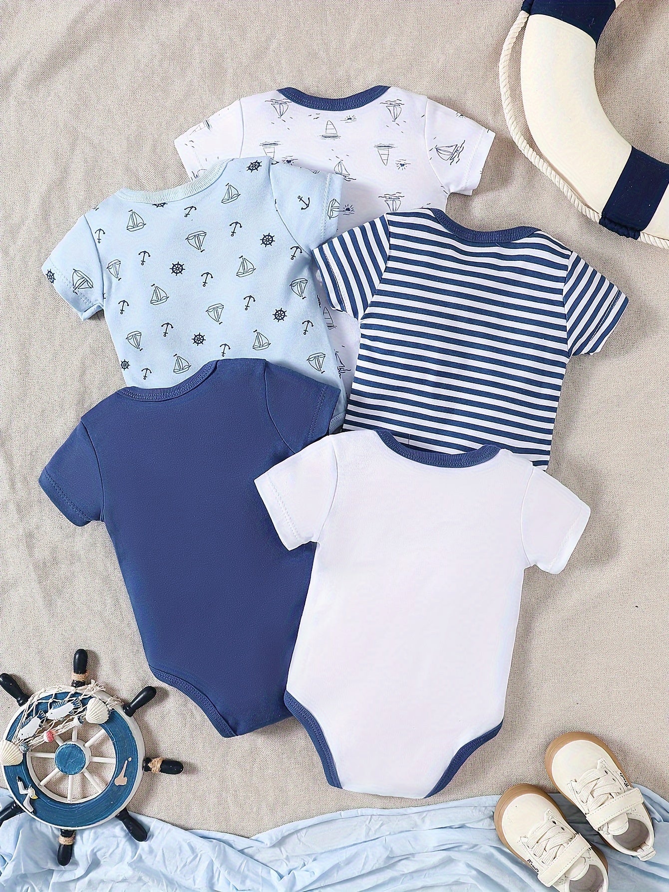 Kit 5 Bodies Estilo Náutico em Algodão para Meninos – Conforto e Charme no Verão