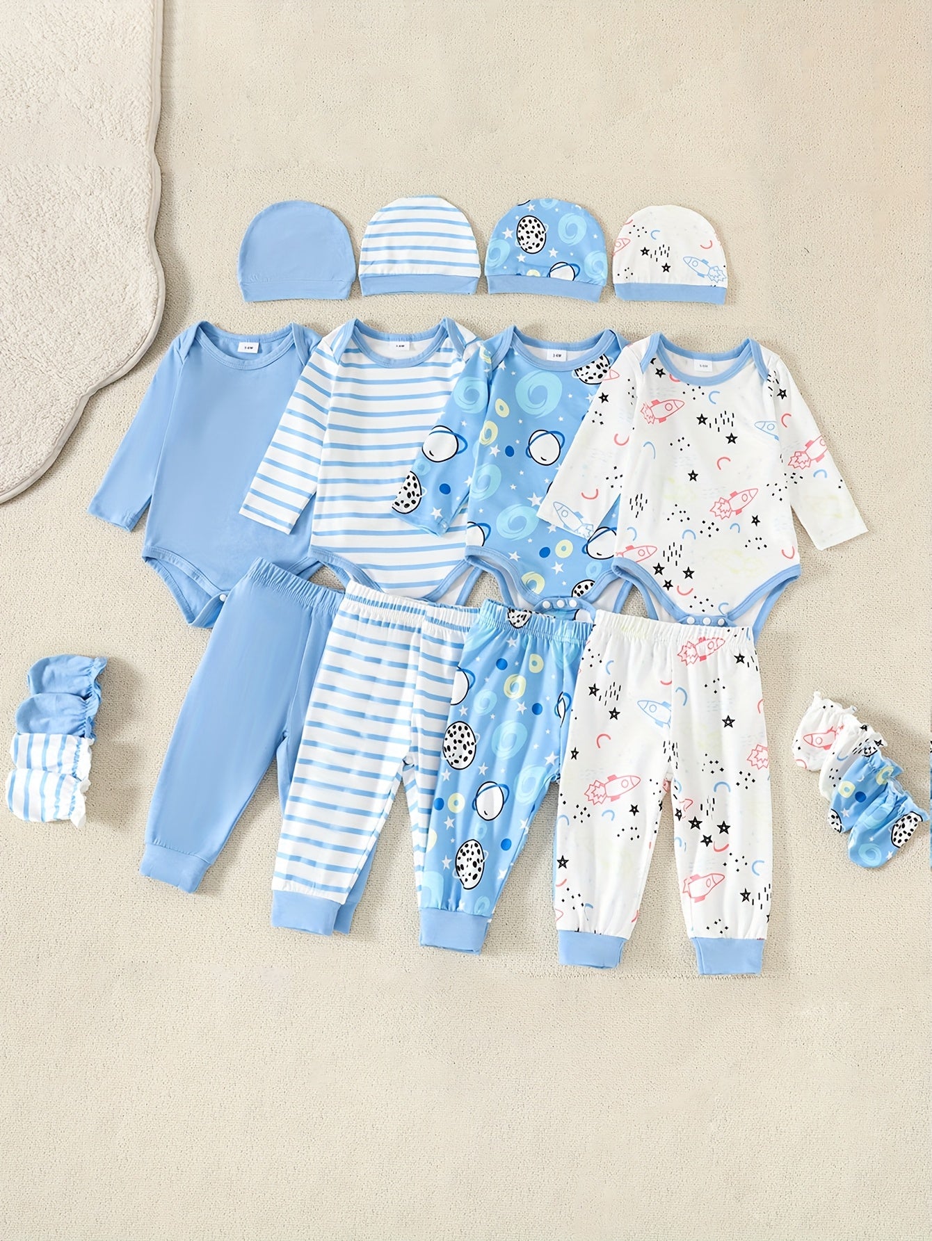 Kit 4 Peças Menino Manga Longa – Conjunto All-Season em Malha Poliéster com Touca e Luvinhas