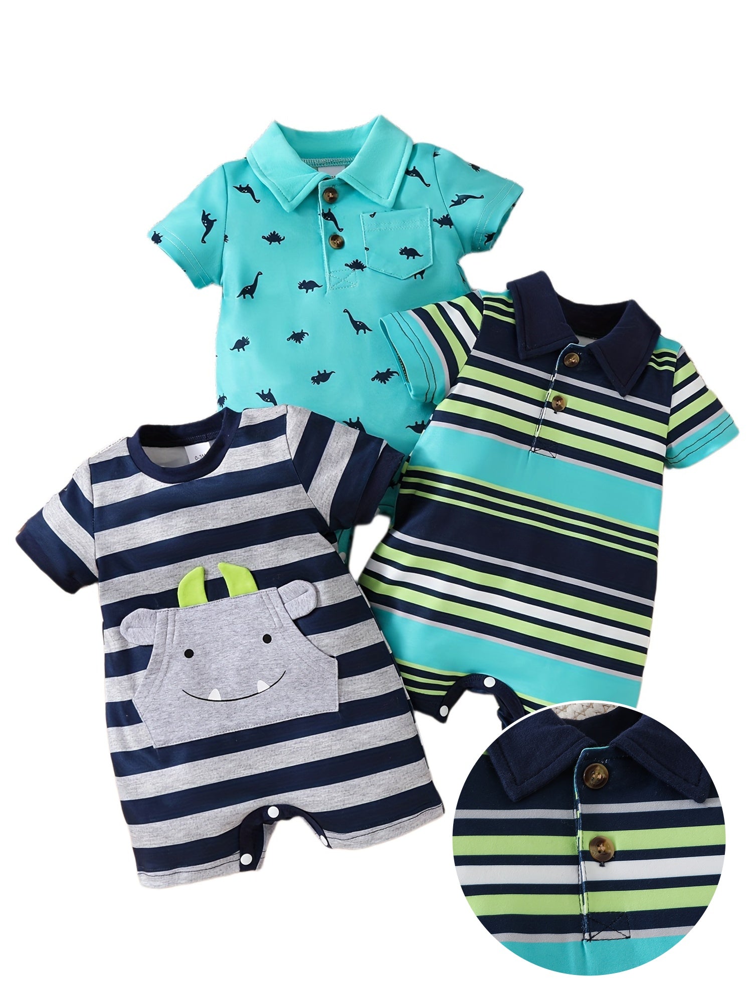 3 peças - Conjunto de Macacões Casuais para Bebê Menino, Gola Polo e Gola Careca, Roupas de Verão para Passeios