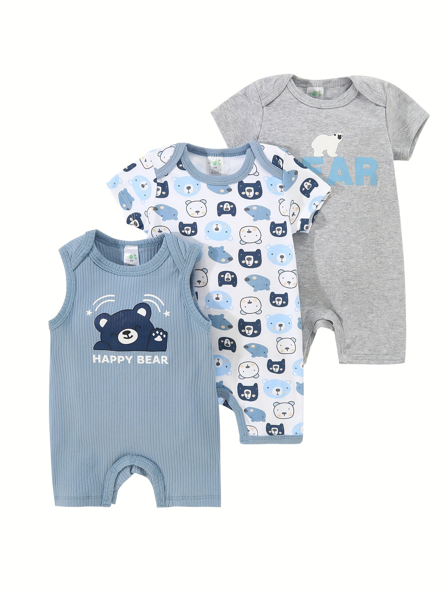 Kit 3 Bodies BabyZoo Bebê Menino – Estampa de Ursinho | Manga Curta em Algodão | Roupas Confortáveis para Todas as Estações