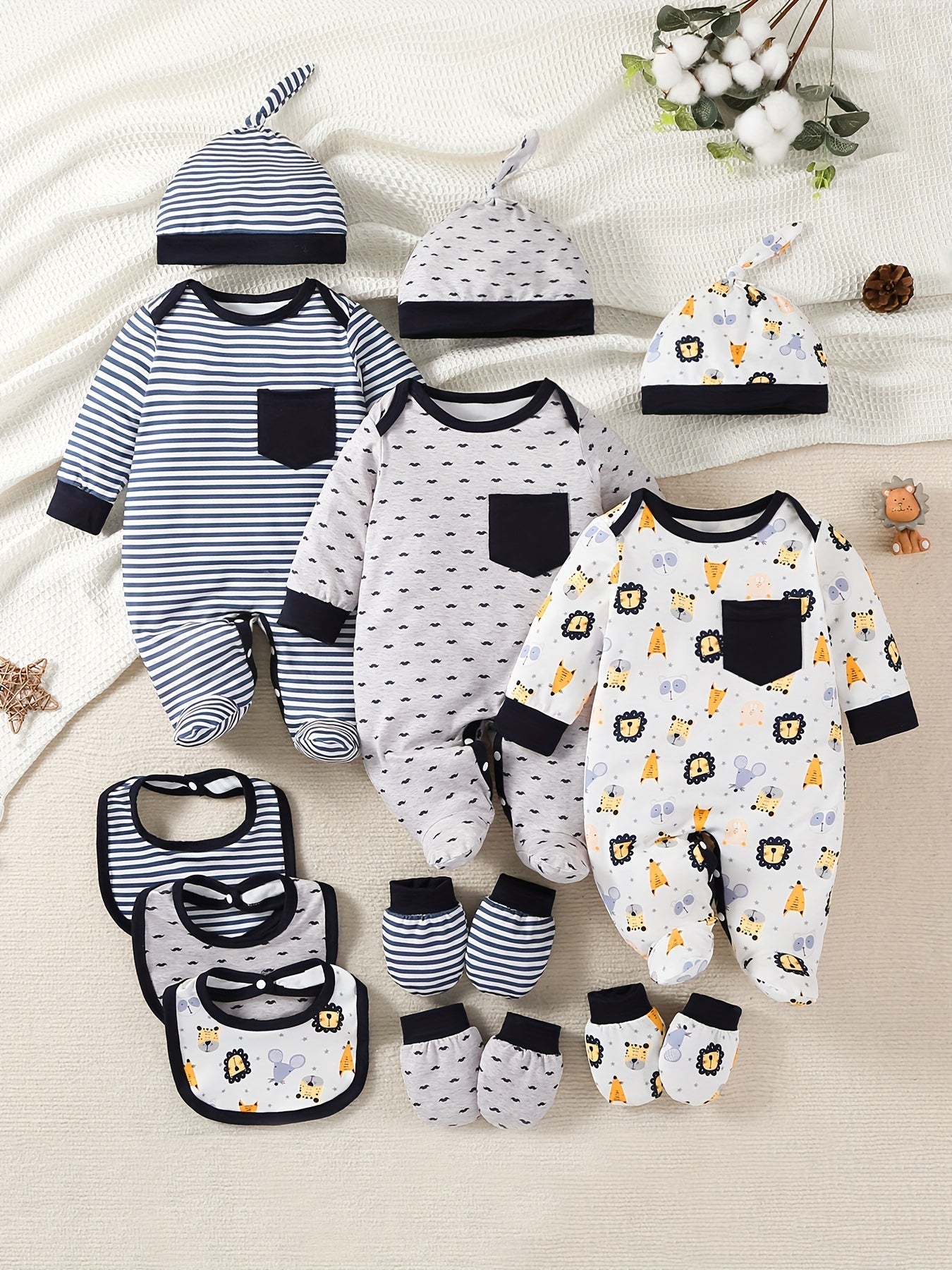 Kit 15 Peças – Macacões Footed Estampados + Toucas, Babadores & Luvinhas