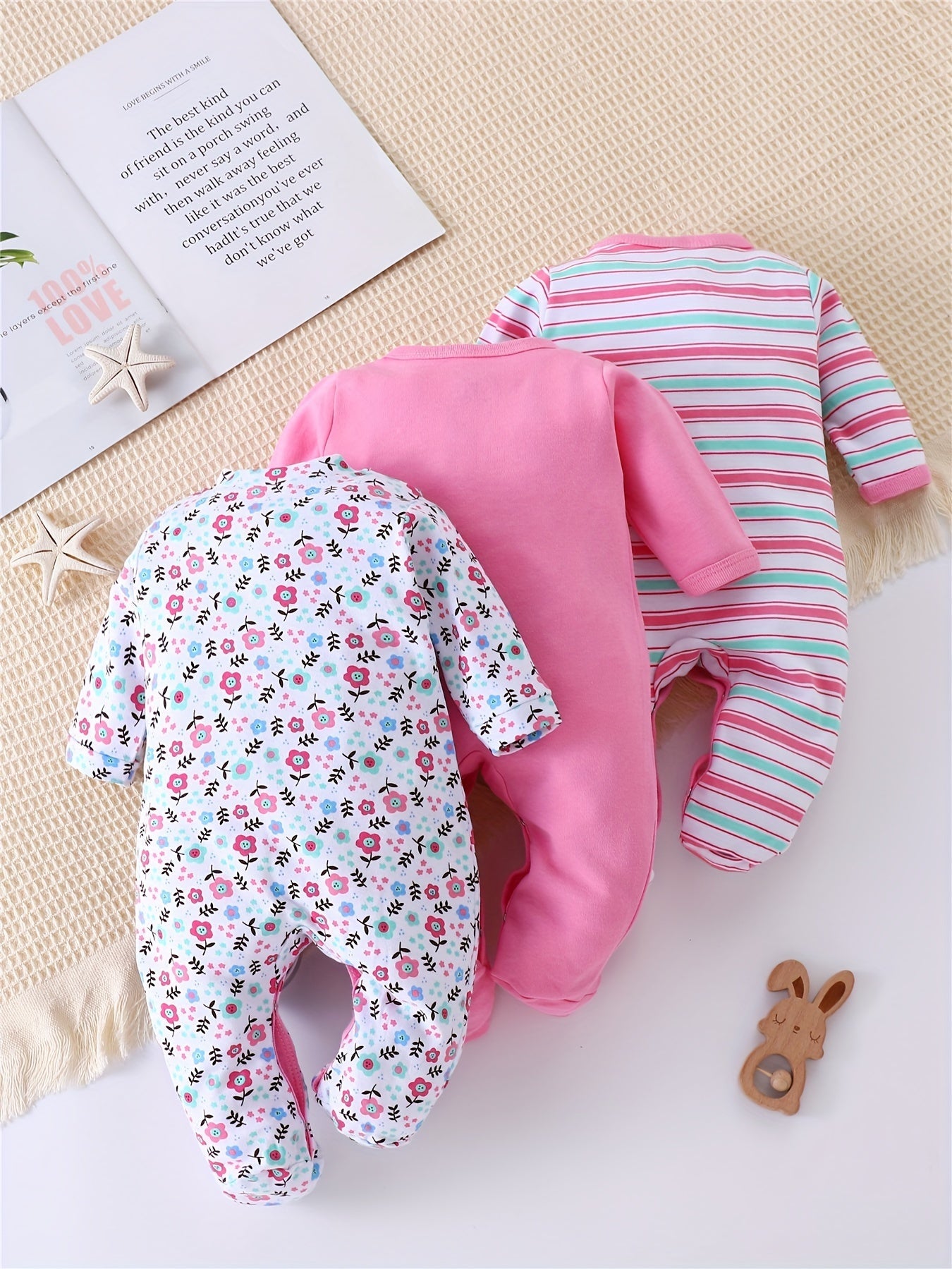 Kit 3 Macacões BabyZoo para Bebê – Manga Longa com Gola Alta, Luvas & Pés Reversíveis, 100 % Algodão | Estampas Coelho, Floral e Listras