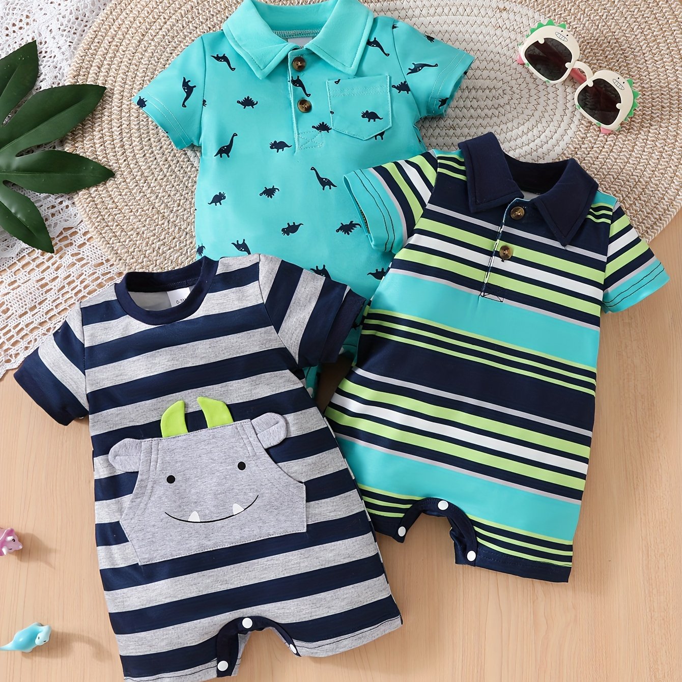 3 peças - Conjunto de Macacões Casuais para Bebê Menino, Gola Polo e Gola Careca, Roupas de Verão para Passeios