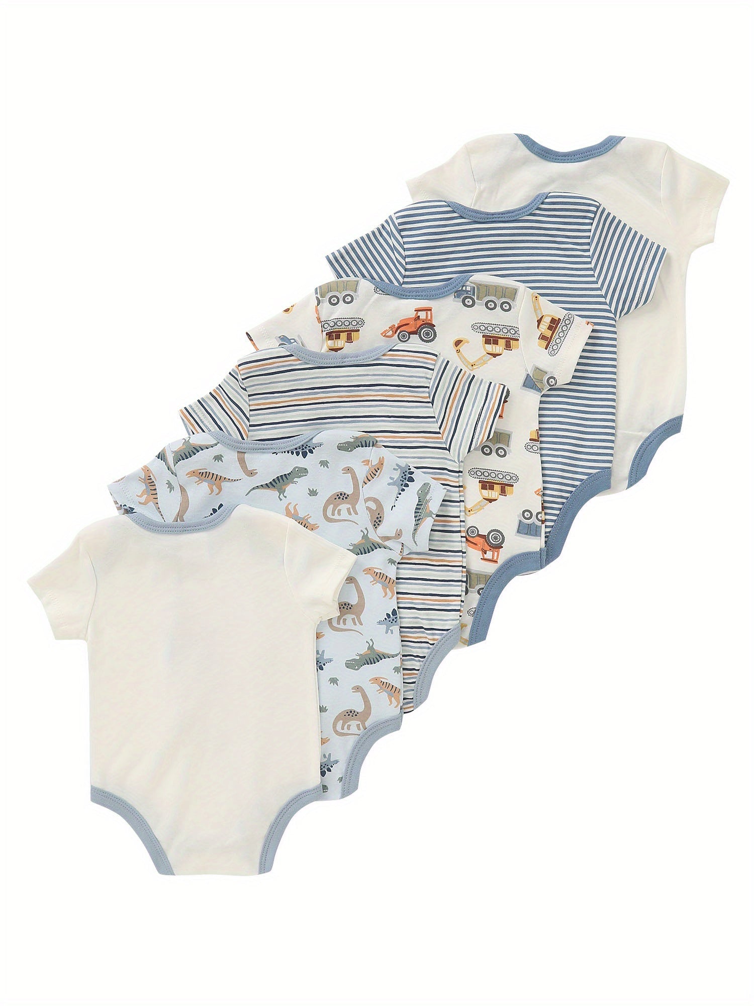 Kit 6 Body para Bebê Menino – Bordado de Dinossauro & Caminhão, 60 % Algodão, Manga Curta, Gola Redonda
