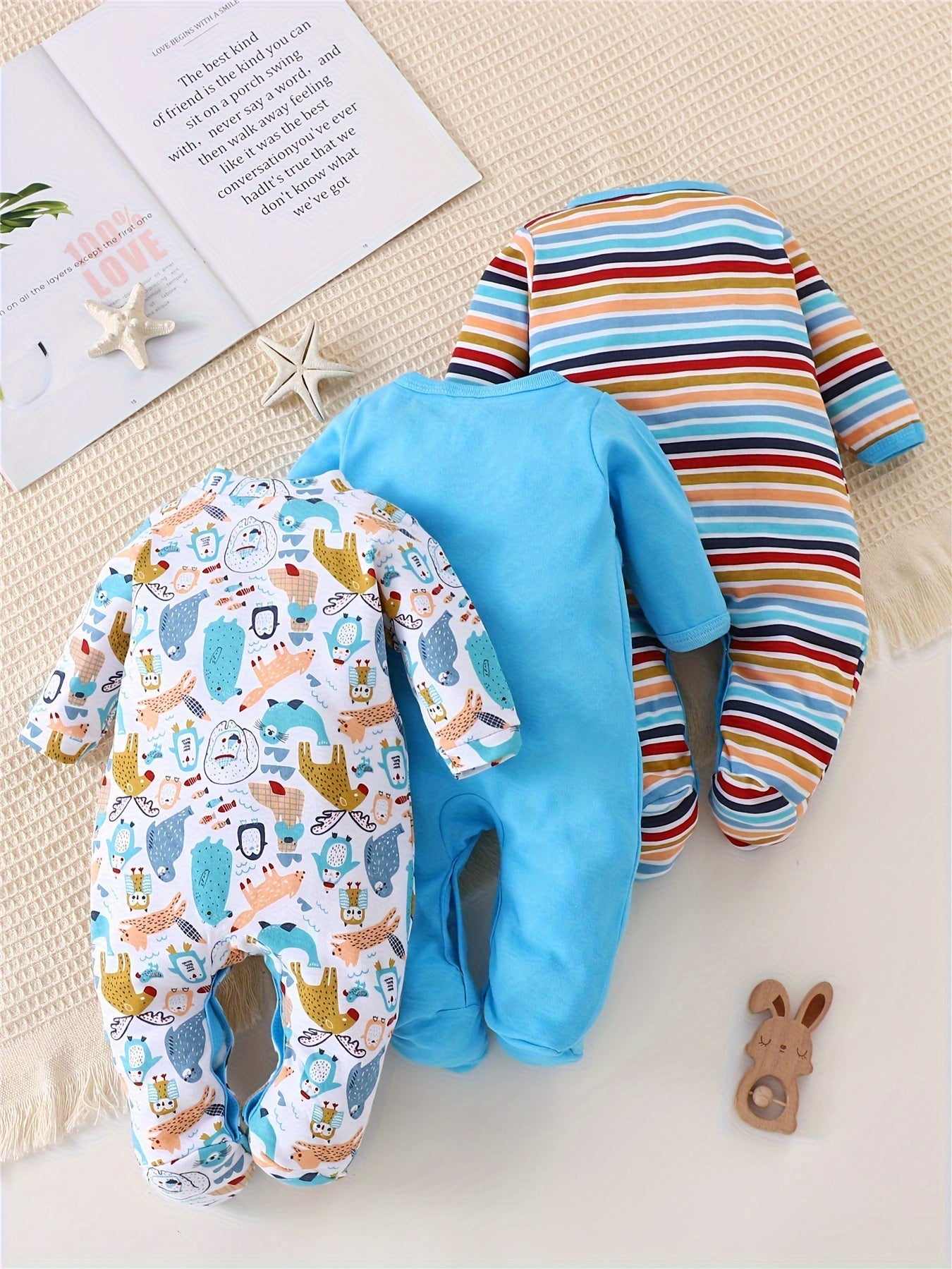 Kit 3 em 1 Bodies Safari & Leão – 100 % Algodão, Romper Manga Longa com Pé Reversível | Outono/Inverno