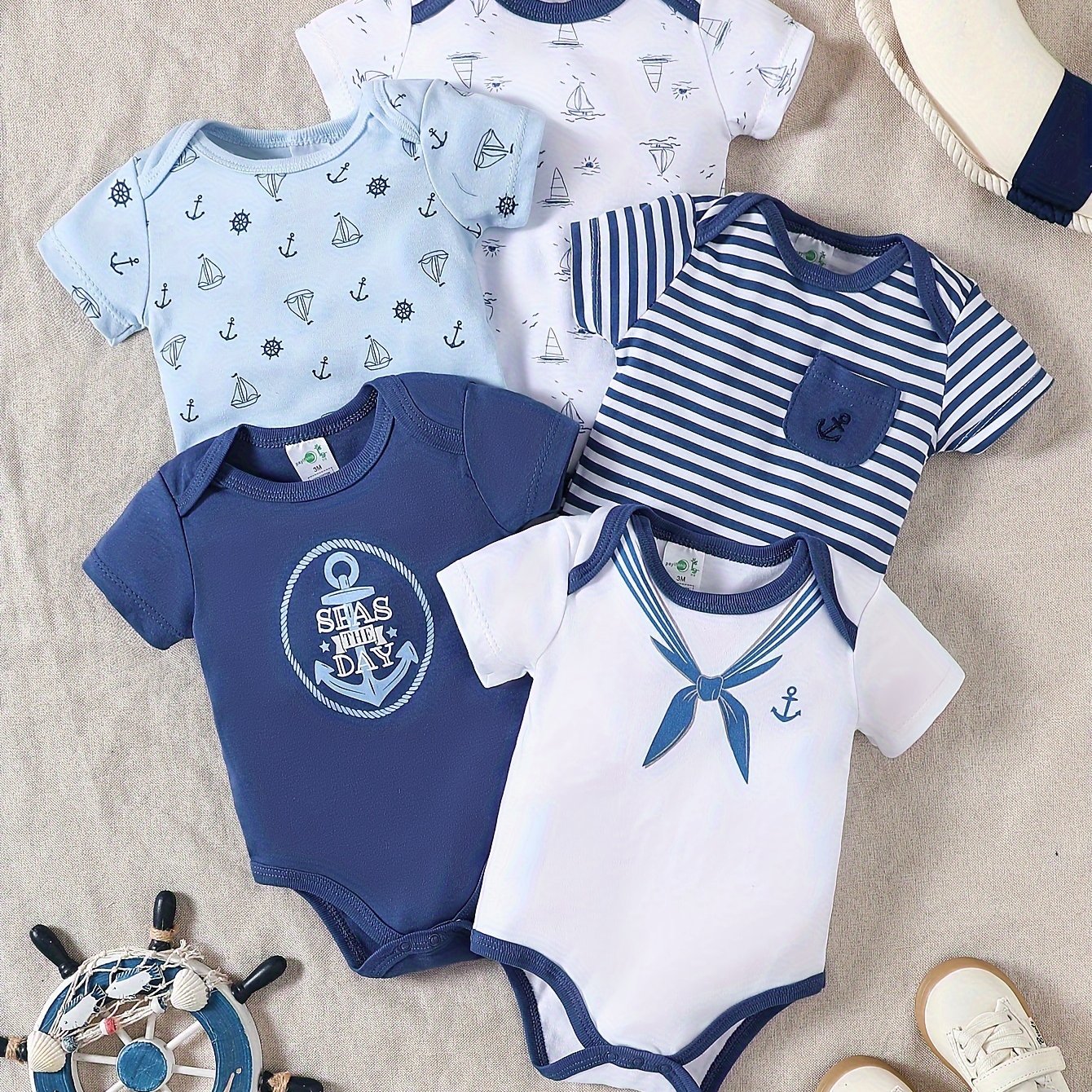 Kit 5 Bodies Estilo Náutico em Algodão para Meninos – Conforto e Charme no Verão