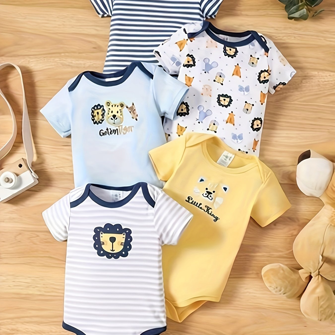 Kit BabyZoo 5 Macacões Manga Curta para Bebê Menino – Estampa Leão & Listras, 100 % Algodão
