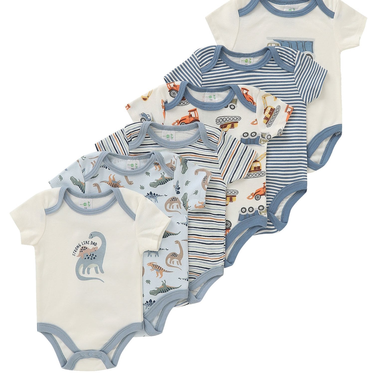 Kit 6 Body para Bebê Menino – Bordado de Dinossauro & Caminhão, 60 % Algodão, Manga Curta, Gola Redonda