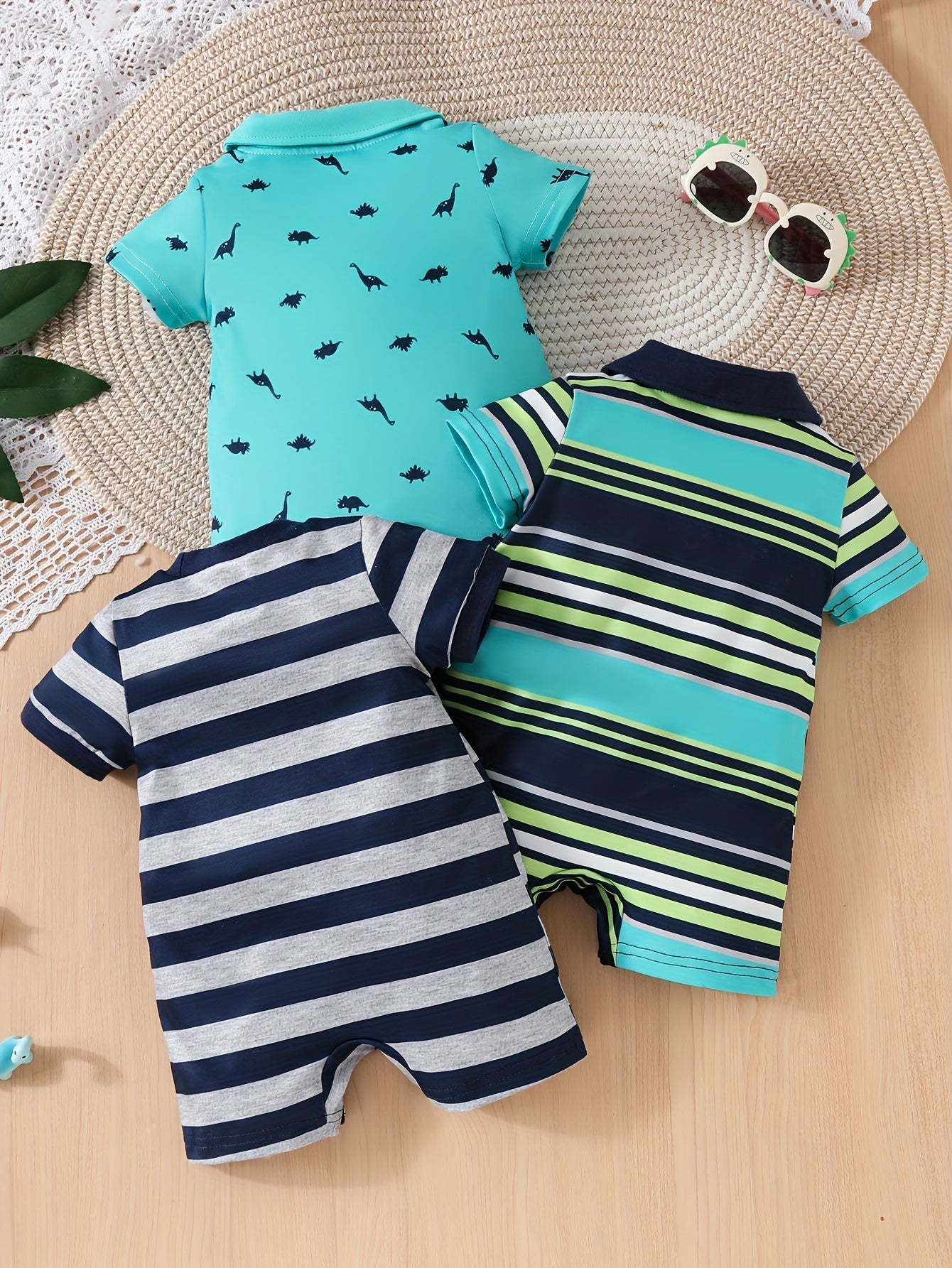 3 peças - Conjunto de Macacões Casuais para Bebê Menino, Gola Polo e Gola Careca, Roupas de Verão para Passeios