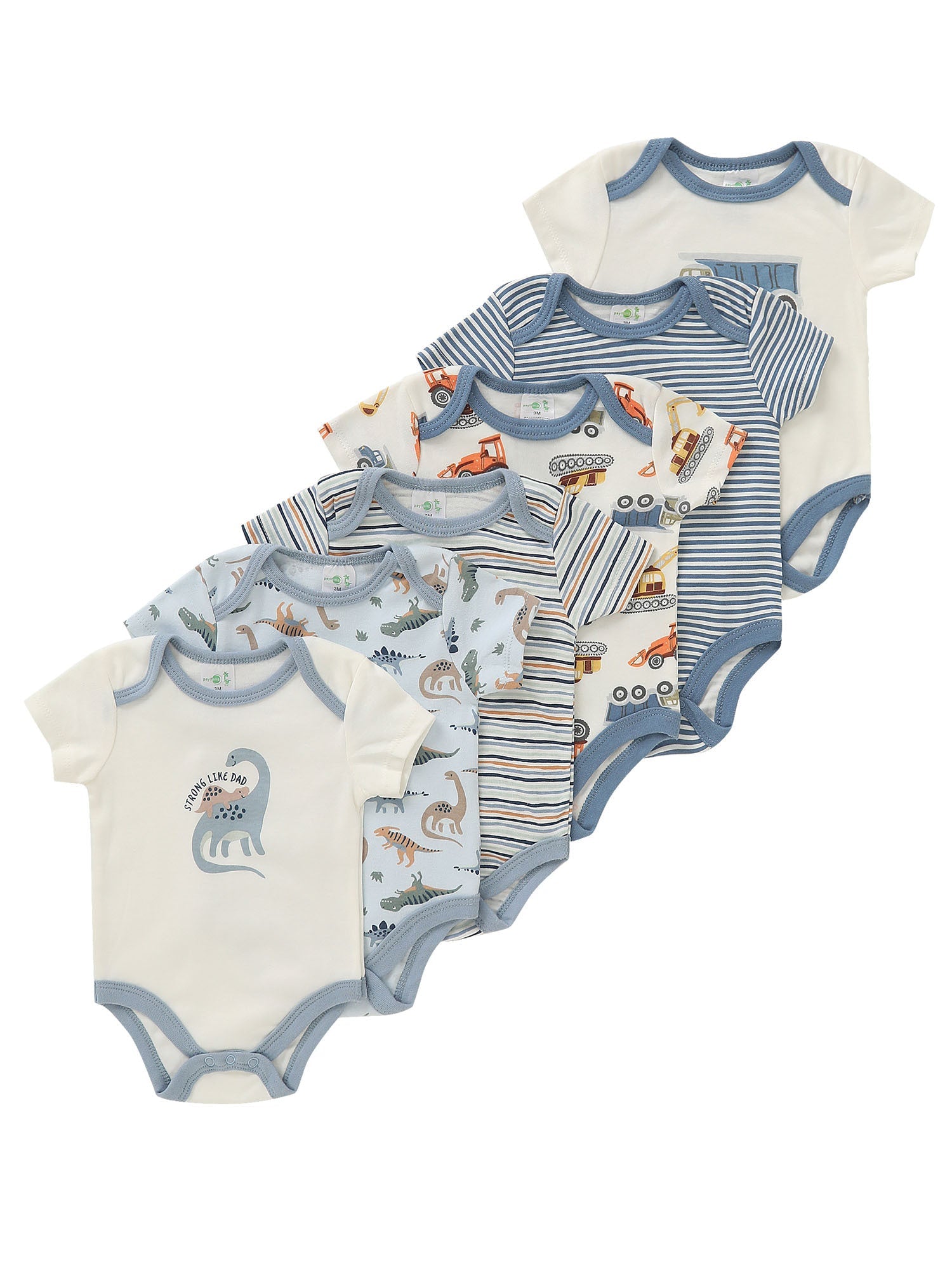 Kit 6 Body para Bebê Menino – Bordado de Dinossauro & Caminhão, 60 % Algodão, Manga Curta, Gola Redonda