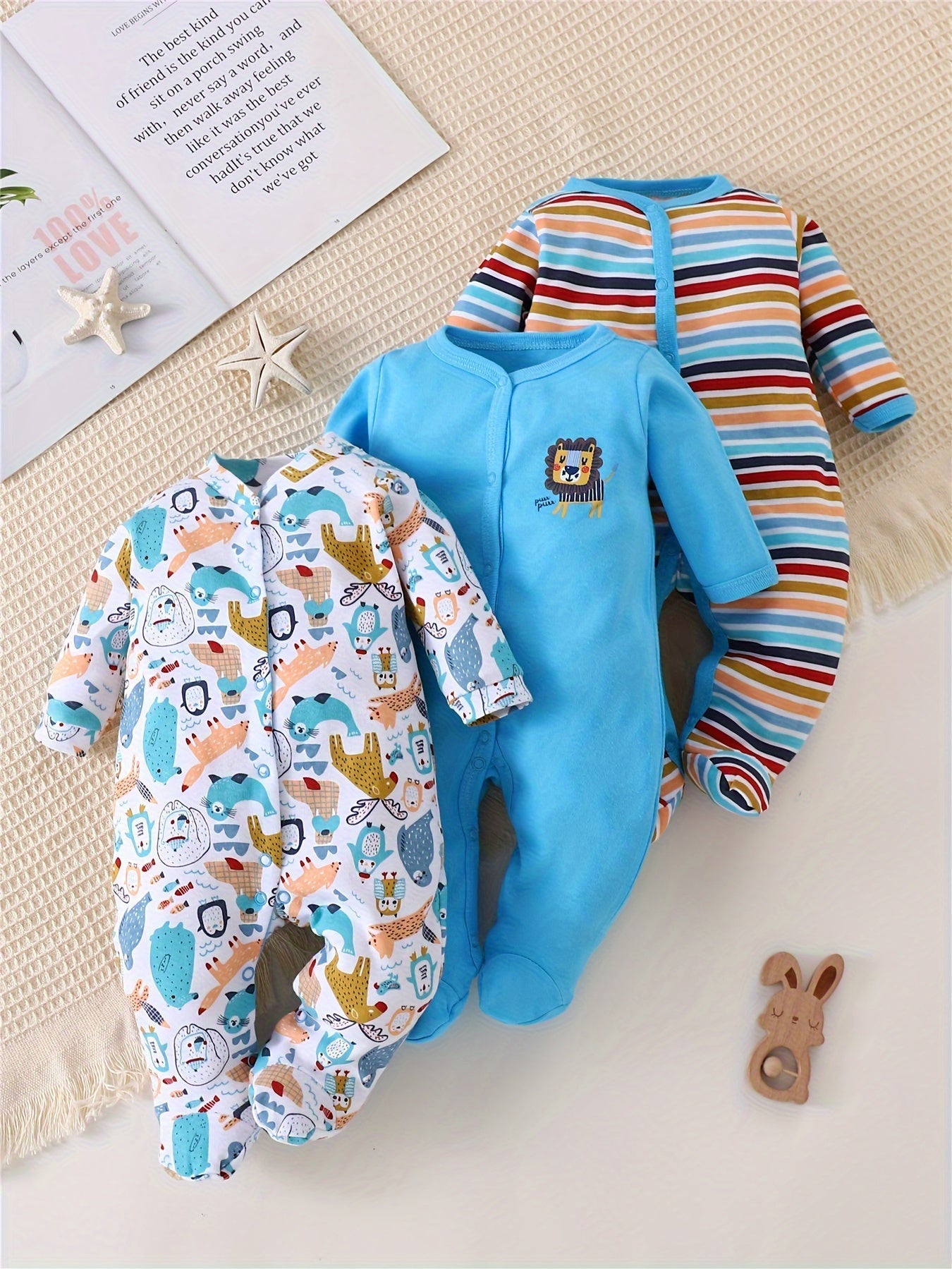 Kit 3 em 1 Bodies Safari & Leão – 100 % Algodão, Romper Manga Longa com Pé Reversível | Outono/Inverno