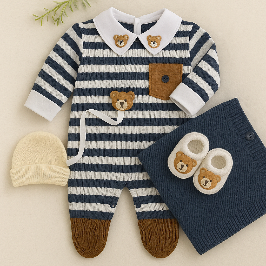 Saída Maternidade BabyZoo Ursinho em Tricot Azul Marinho – Conjunto 5 Peças Premium