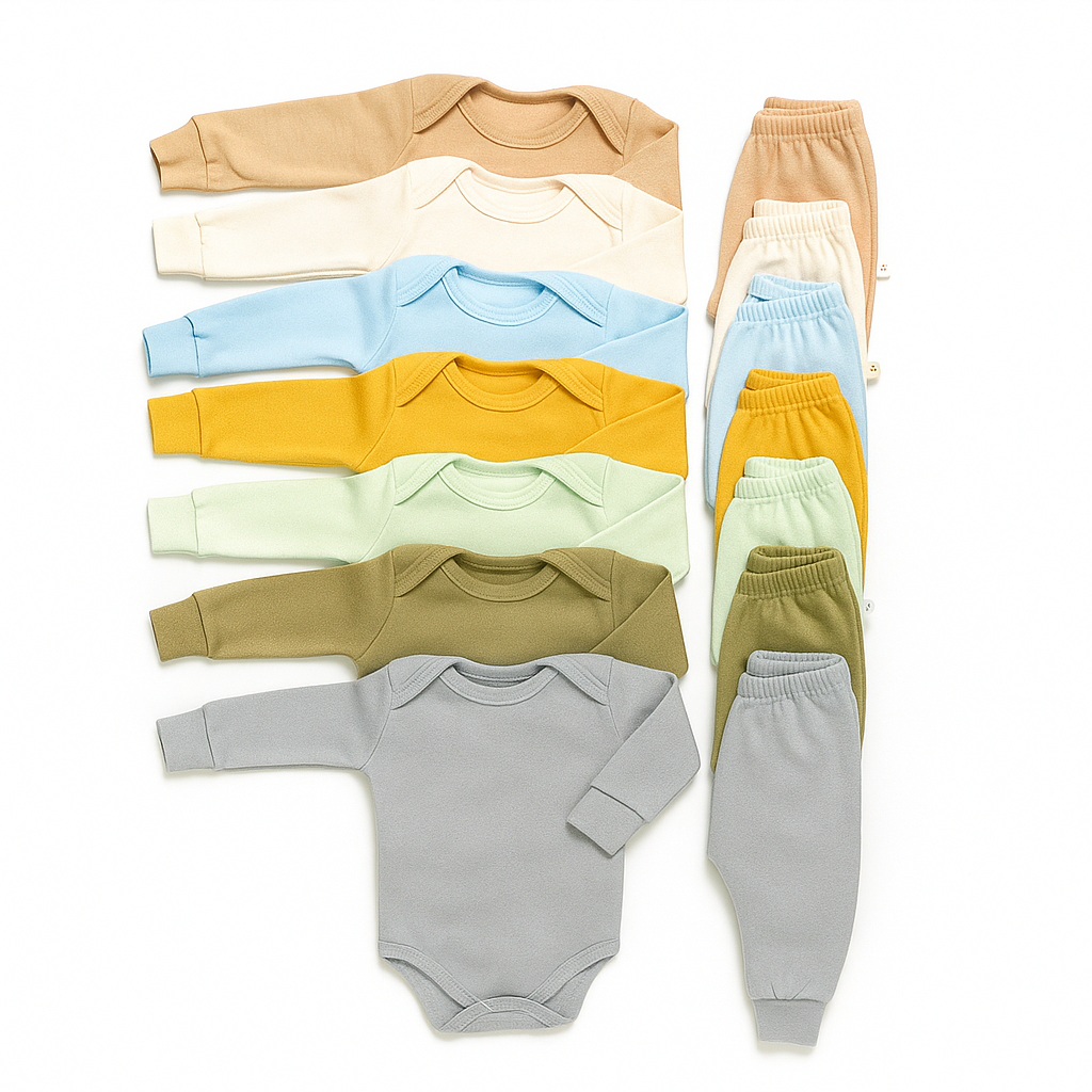 Kit BabyZoo 14 Peças para Bebê Unissex | 7 Bodies Manga Longa + 7 Mijões 100 % Algodão – Conforto, Praticidade e Estilo