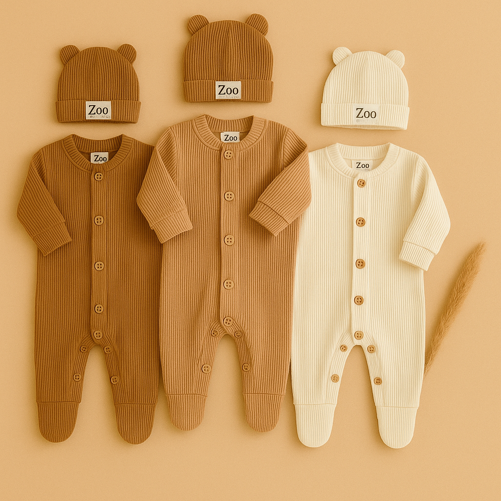 Kit BabyZoo 6 Peças para Bebê Unissex – 3 Macacões Manga Longa + 3 Toucas em Algodão Canelado